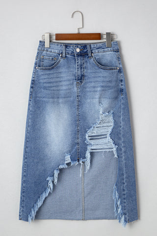 Irregular Distressed Bottom Denim Midi Skirt