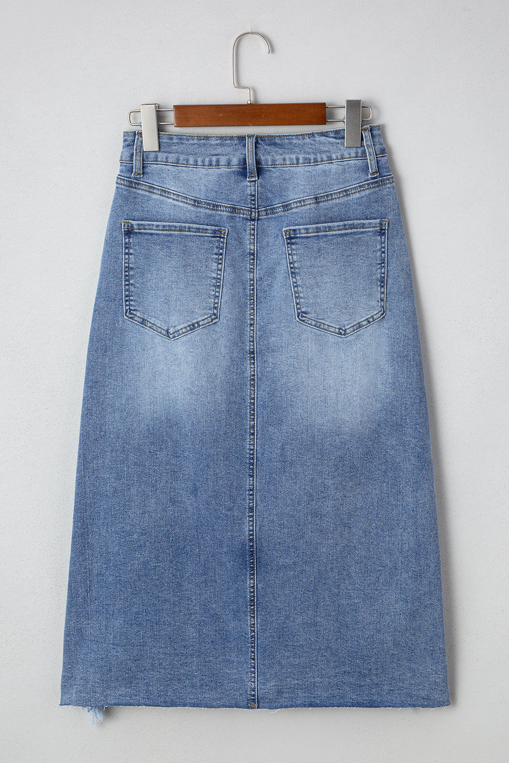 Irregular Distressed Bottom Denim Midi Skirt