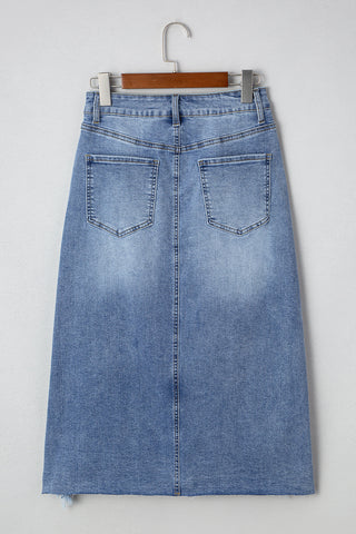 Irregular Distressed Bottom Denim Midi Skirt