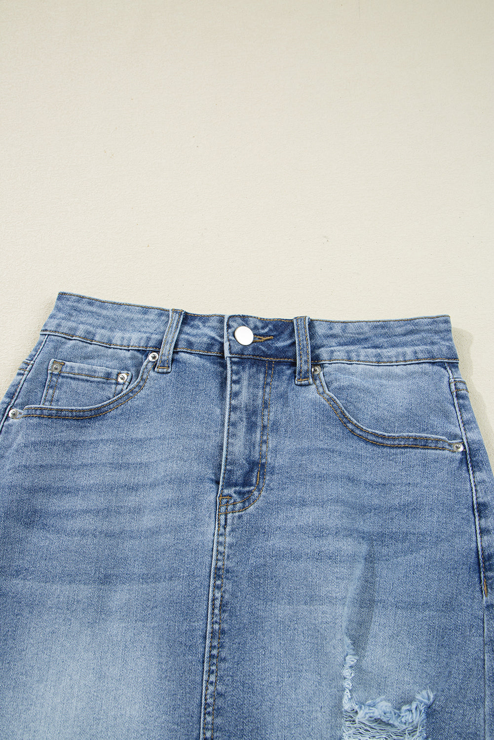 Irregular Distressed Bottom Denim Midi Skirt