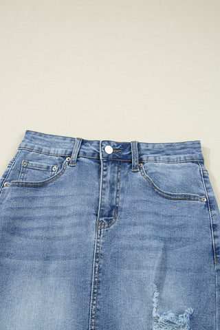 Irregular Distressed Bottom Denim Midi Skirt