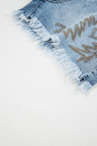 Dusk Blue Western Embroidery Stud Denim Shorts Summer Daily Wear