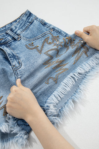 Dusk Blue Western Embroidery Stud Denim Shorts Summer Daily Wear