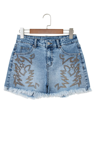 Dusk Blue Western Embroidery Stud Denim Shorts Summer Daily Wear