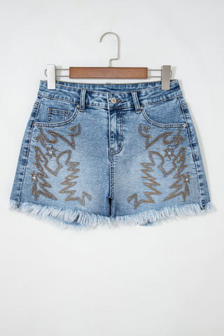Dusk Blue Western Embroidery Stud Denim Shorts Summer Daily Wear