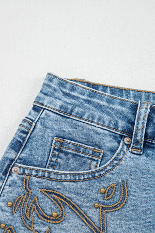 Dusk Blue Western Embroidery Stud Denim Shorts Summer Daily Wear