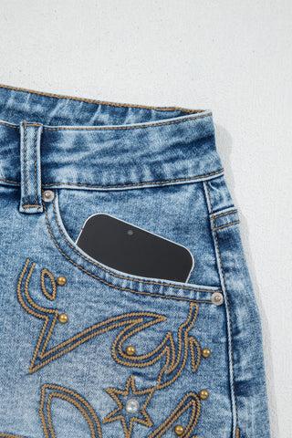 Dusk Blue Western Embroidery Stud Denim Shorts Summer Daily Wear