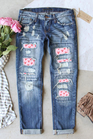CLEARANCE Blue Valentines Day Heart Patchwork Jeans