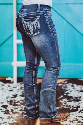 ***CLEARANCE*** Sky Blue Embroidered Cow Straight Leg Jeans