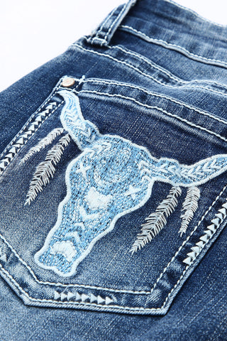 ***CLEARANCE*** Sky Blue Embroidered Cow Straight Leg Jeans