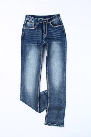 ***CLEARANCE*** Sky Blue Embroidered Cow Straight Leg Jeans