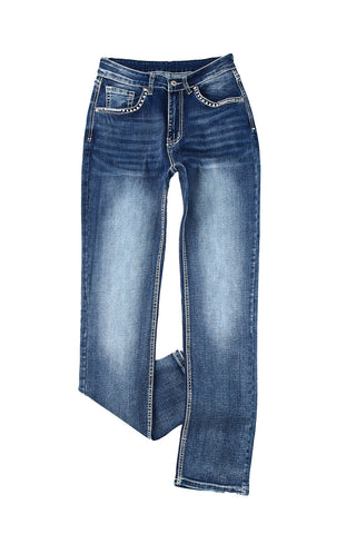 ***CLEARANCE*** Sky Blue Embroidered Cow Straight Leg Jeans