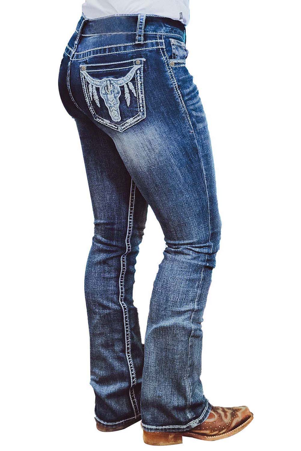 Sky Blue Embroidered Cow Straight Leg Jeans