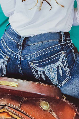 ***CLEARANCE*** Sky Blue Embroidered Cow Straight Leg Jeans