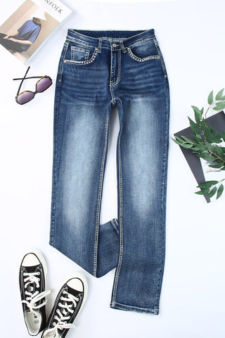 ***CLEARANCE*** Sky Blue Embroidered Cow Straight Leg Jeans