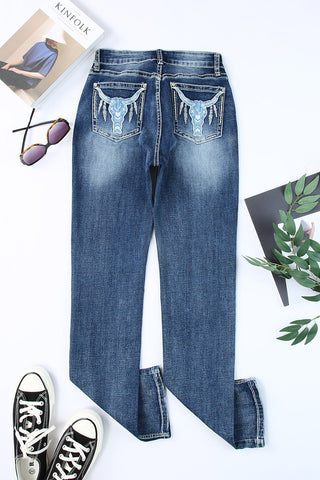 ***CLEARANCE*** Sky Blue Embroidered Cow Straight Leg Jeans