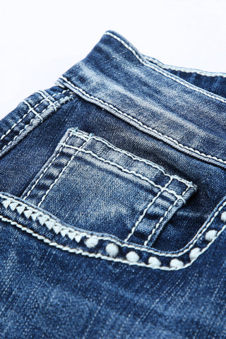 ***CLEARANCE*** Sky Blue Embroidered Cow Straight Leg Jeans