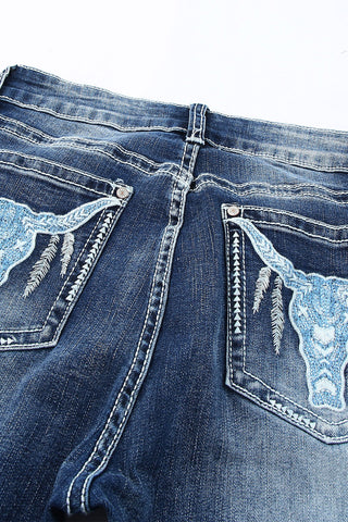 ***CLEARANCE*** Sky Blue Embroidered Cow Straight Leg Jeans