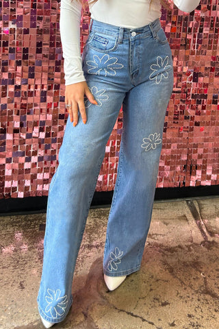 CLEARANCE Light Blue Floral Beads Decor High Rise Wide Leg Jeans