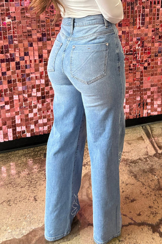 CLEARANCE Light Blue Floral Beads Decor High Rise Wide Leg Jeans