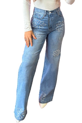 CLEARANCE Light Blue Floral Beads Decor High Rise Wide Leg Jeans