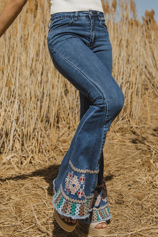 CLEARANCE Ashleigh Blue Geometric Embroidered Raw Hem Flared Jeans