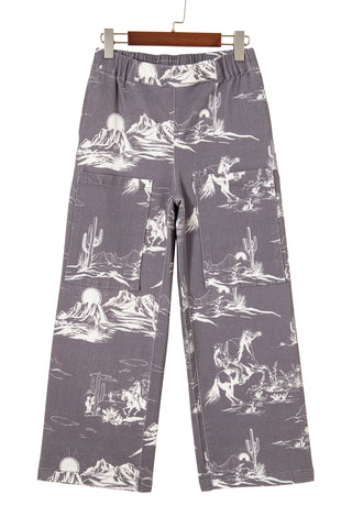 Gray Wild West Riding Vintage Printed Shift Jeans