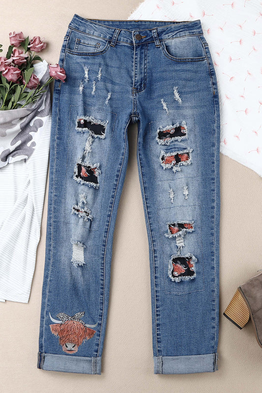 Cow Print Ripped Straight Leg Graphic Jeans