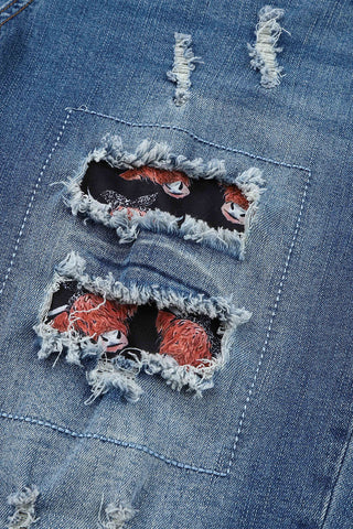 CLEARANCE Highland Cow Print Ripped Straight Leg Graphic Jeans denim