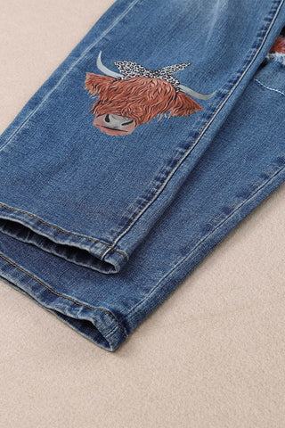 CLEARANCE Highland Cow Print Ripped Straight Leg Graphic Jeans denim
