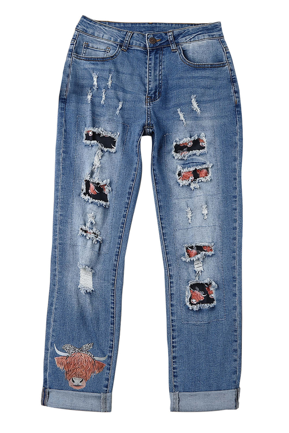 Cow Print Ripped Straight Leg Graphic Jeans