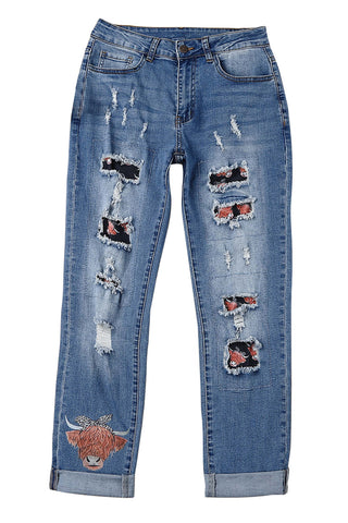 CLEARANCE Highland Cow Print Ripped Straight Leg Graphic Jeans denim