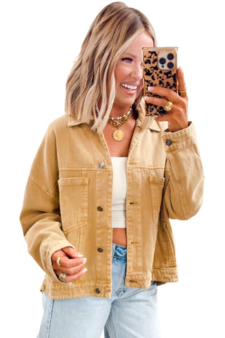honey gold Metal Button Front Long Sleeve Collar Denim Jacket
