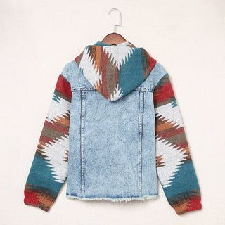 Multicolor Aztec Print Frayed Hem Denim Jacket