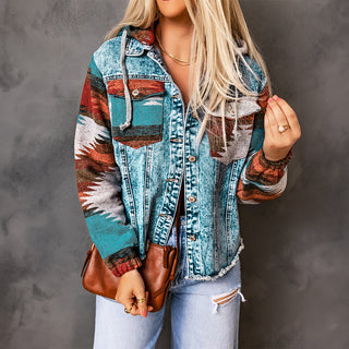 Multicolor Aztec Print Frayed Hem Denim Jacket