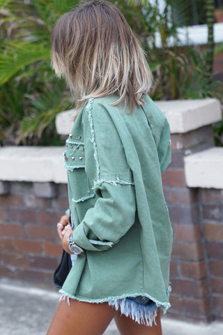CLEARANCE Frayed Trim Vintage Rivet Denim Jacket