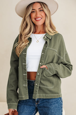 Smoke Green Pocket Collared Button Front Denim Jacket
