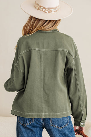 Smoke Green Pocket Collared Button Front Denim Jacket