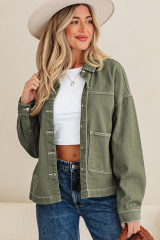 Smoke Green Pocket Collared Button Front Denim Jacket
