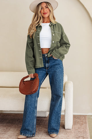 Smoke Green Pocket Collared Button Front Denim Jacket