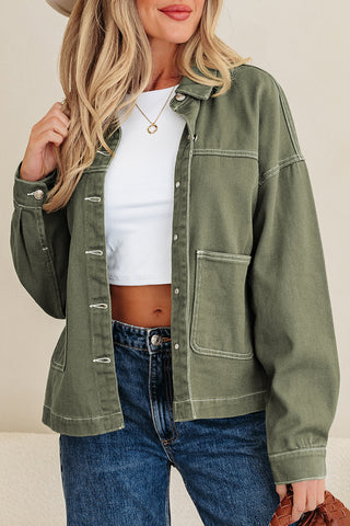 Smoke Green Pocket Collared Button Front Denim Jacket