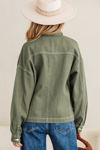 Smoke Green Pocket Collared Button Front Denim Jacket