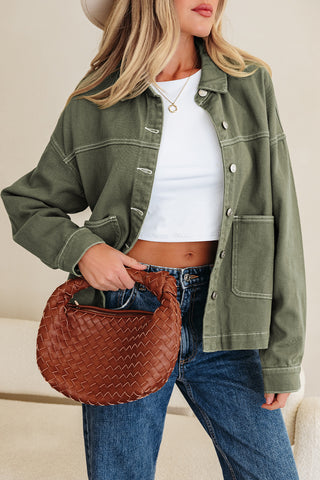 Smoke Green Pocket Collared Button Front Denim Jacket