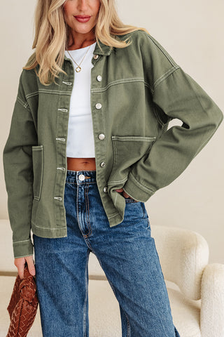 Smoke Green Pocket Collared Button Front Denim Jacket