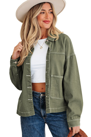 Smoke Green Pocket Collared Button Front Denim Jacket