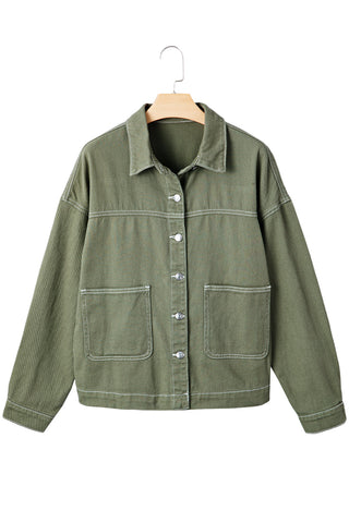 Smoke Green Pocket Collared Button Front Denim Jacket
