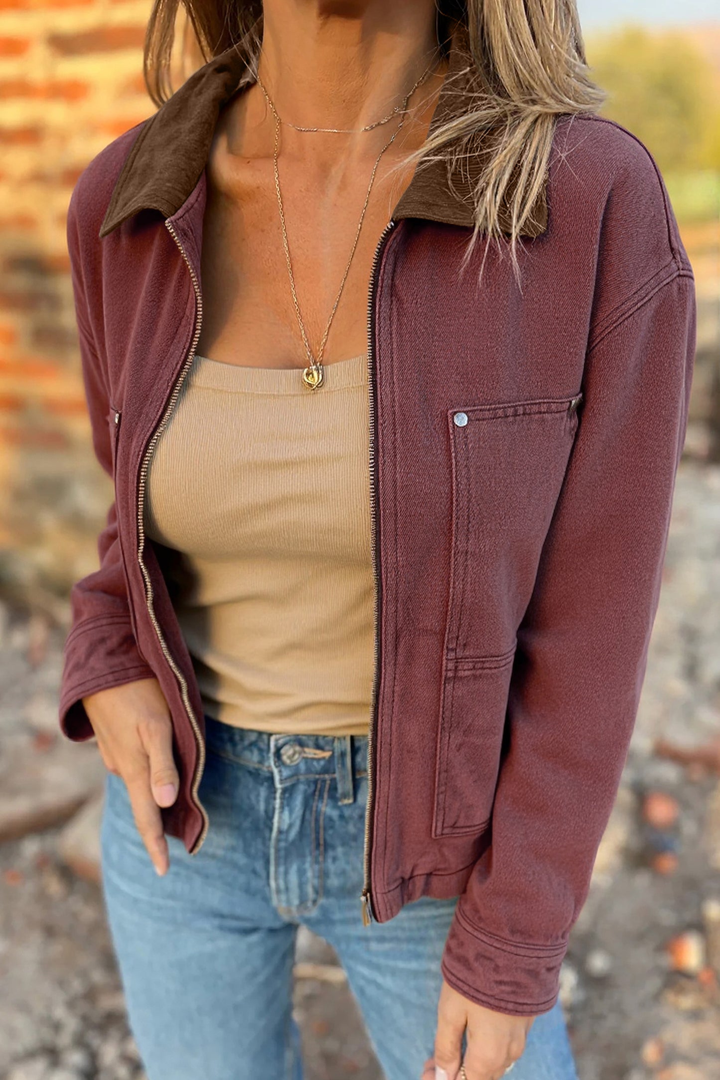 Coffee Corduroy Collar Zipped Front Denim Jacket