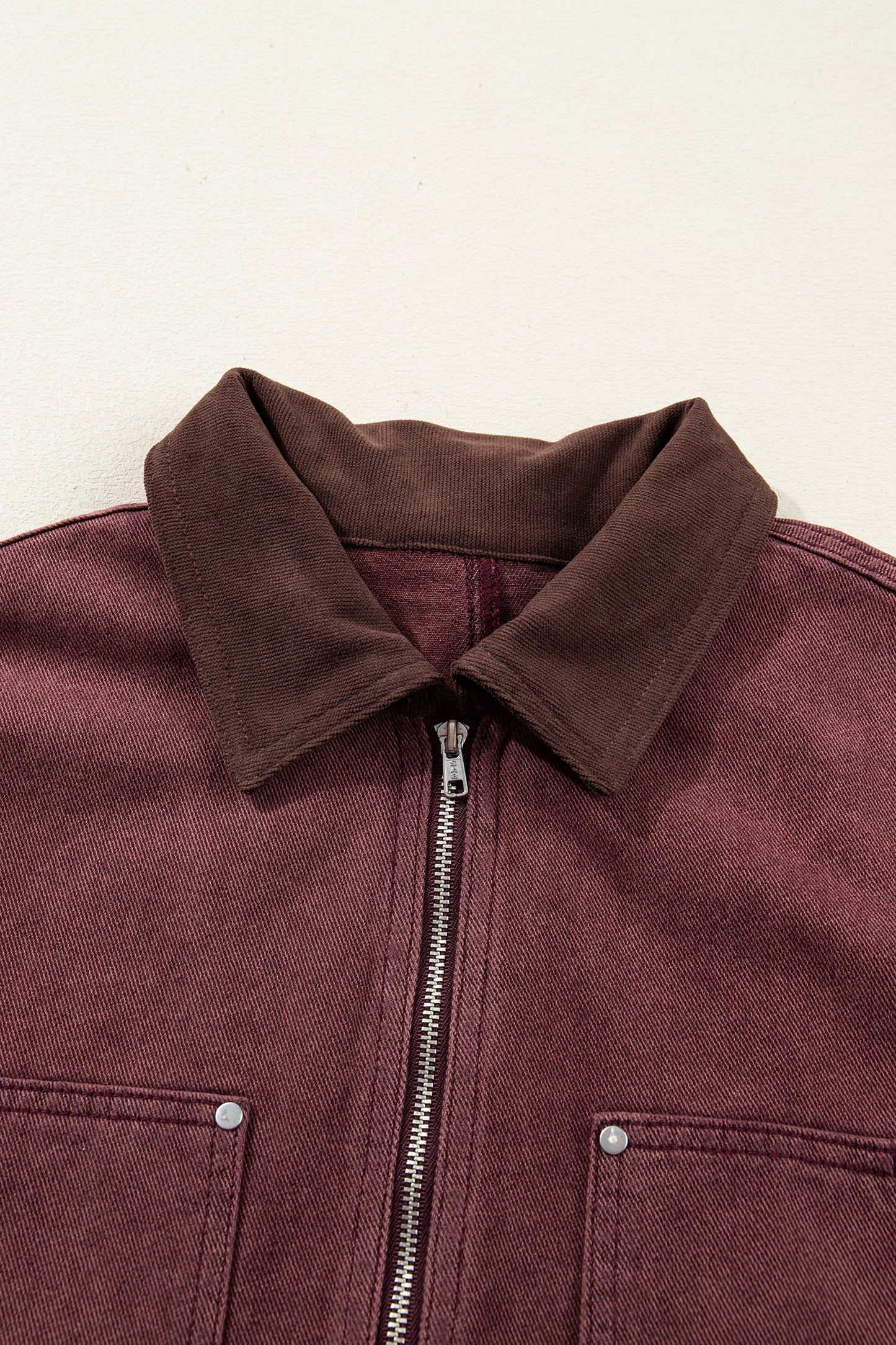 Coffee Corduroy Collar Zipped Front Denim Jacket