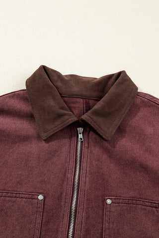 Coffee Corduroy Collar Zipped Front Denim Jacket