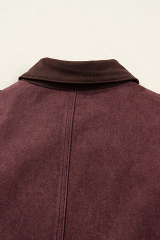 Coffee Corduroy Collar Zipped Front Denim Jacket